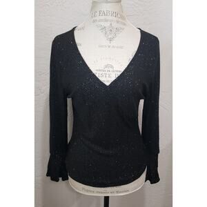 Xscape Black V Neck Flare Long Sleeve Blouse Evening Top